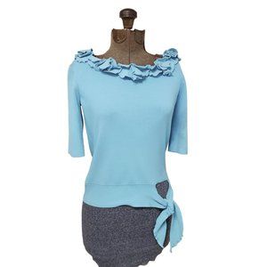 Grace Dane Lewis Shirt Womens Small Blue Casual Tie Waist Ruffle Neck 3/4 Sleeve